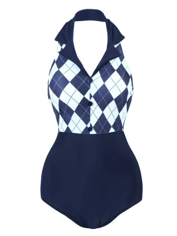 Navy Blue 1930s Halter Plaid One-Piece Swimsuit sold by Retro Stage