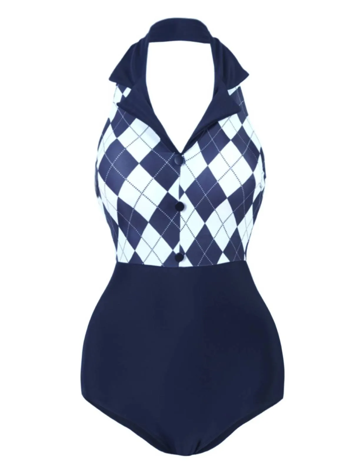 Navy Blue 1930s Halter Plaid One-Piece Swimsuit sold by Retro Stage