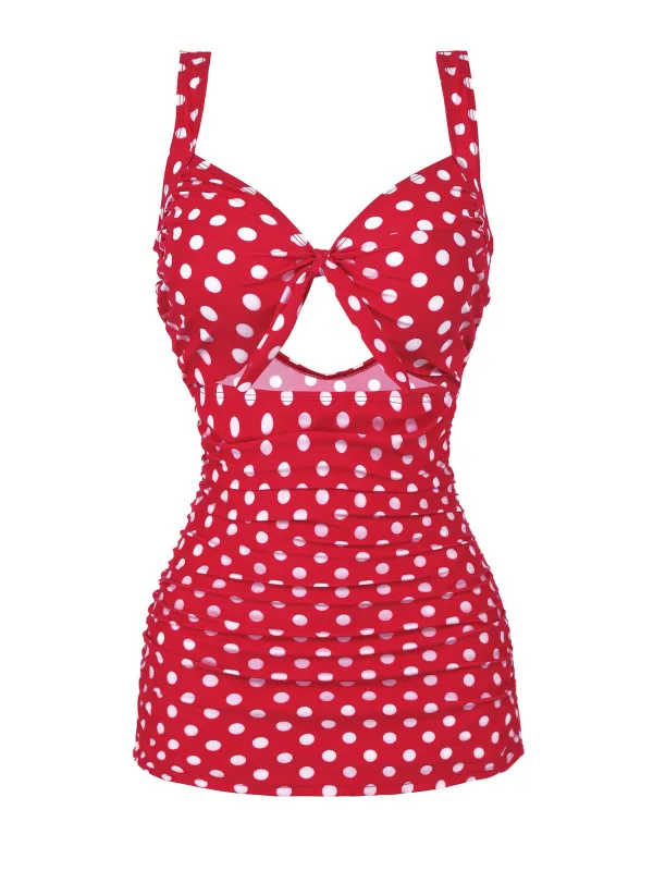 Red 1940s Polka Dot Strap One-Piece Swimsuit sold by Retro Stage
