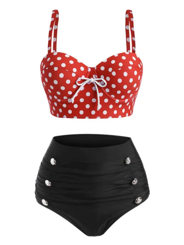 Red 1950s Strap Polka Dot Bikini Set sold by Retro Stage