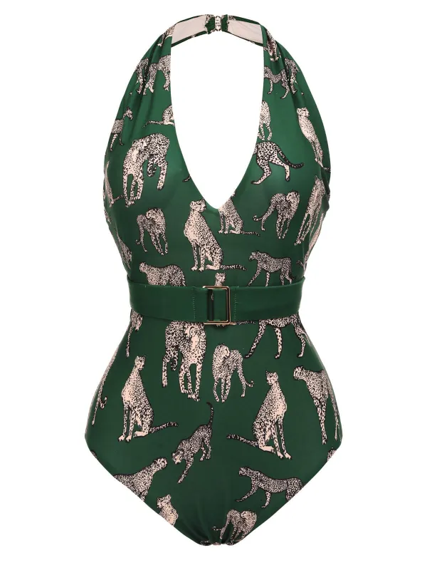 Green 1930s Jaguar Vintage Halter One-piece Swimsuit sold by Retro Stage