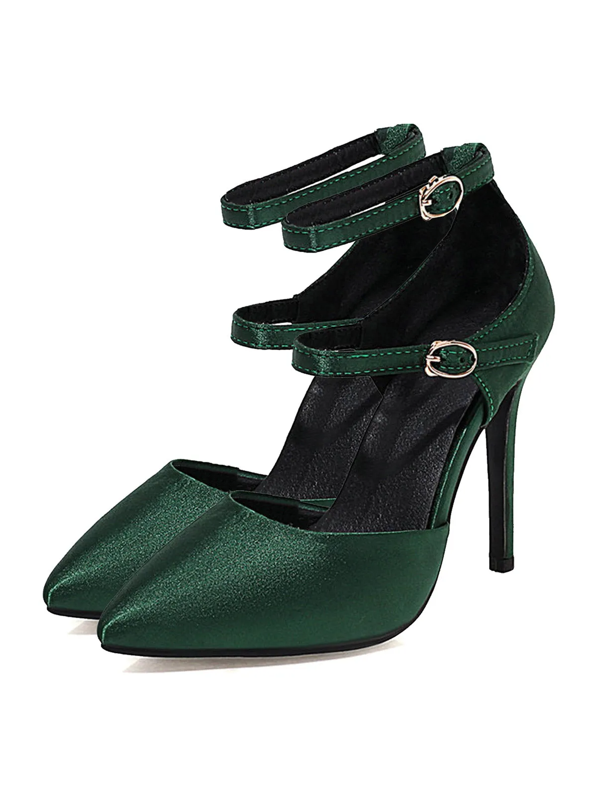 Dark Green Satin Double Buckle Belts High Heel Shoes sold by Retro Stage