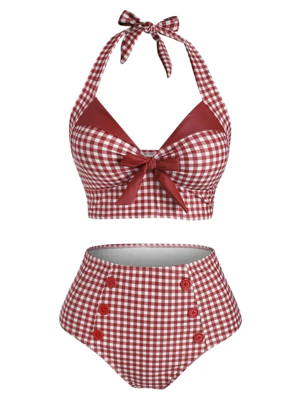 Red 1950s Gingham Halter Bowknot Bikini Set sold by Retro Stage