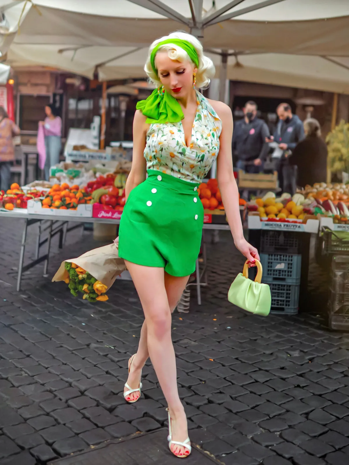1950s Floral Halter Button Lace-up Romper sold by Retro Stage
