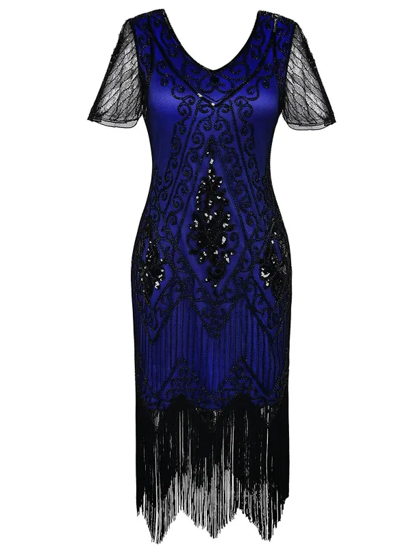 [US Warehouse] Blue 1920s Sequin Art Deco Flapper Dress sold by Retro Stage