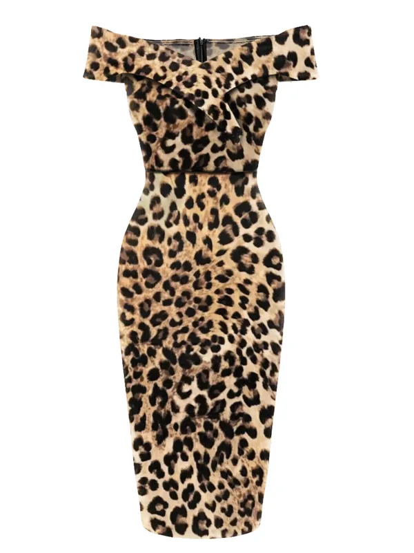 1960s Off-shoulder Leopard Pencil Dress sold by Retro Stage
