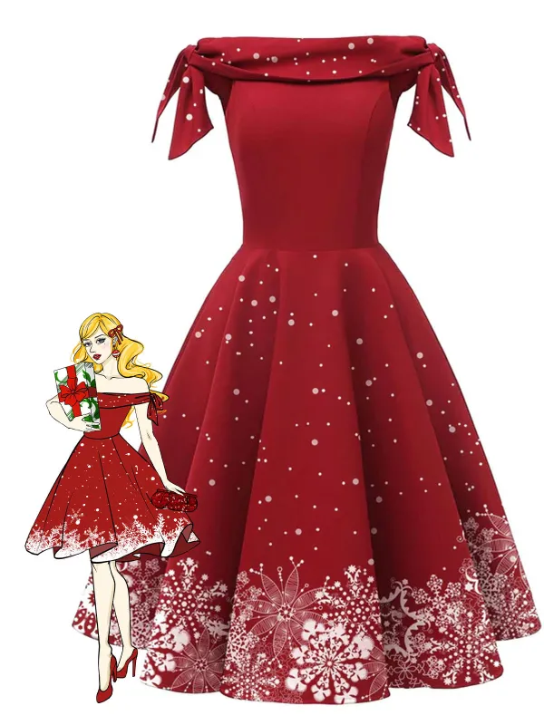 Red 1950s Off-shoulder Snowflake Dress sold by Retro Stage