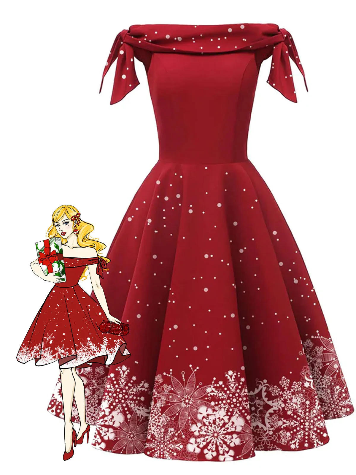 Red 1950s Off-shoulder Snowflake Dress sold by Retro Stage