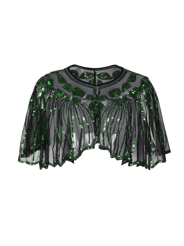 [US Warehouse] Green 1920s Shawl Beaded Sequin Flapper Cape sold by Retro Stage