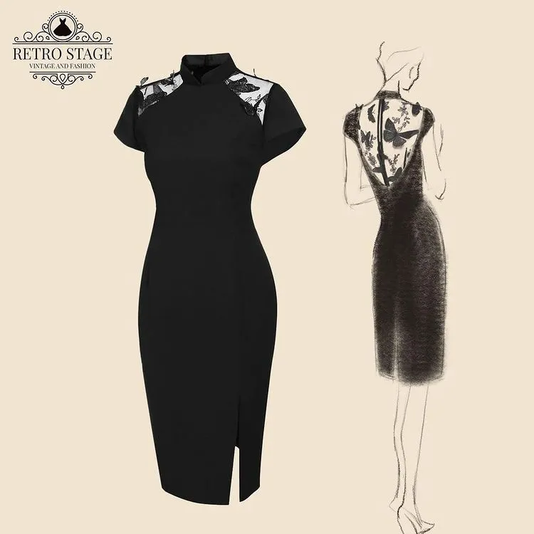 Black 1960s Butterfly Backless Pencil Dress sold by Retro Stage