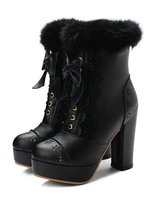 Retro Furry Bowknot Chunky Heel Snow Boots sold by Retro Stage
