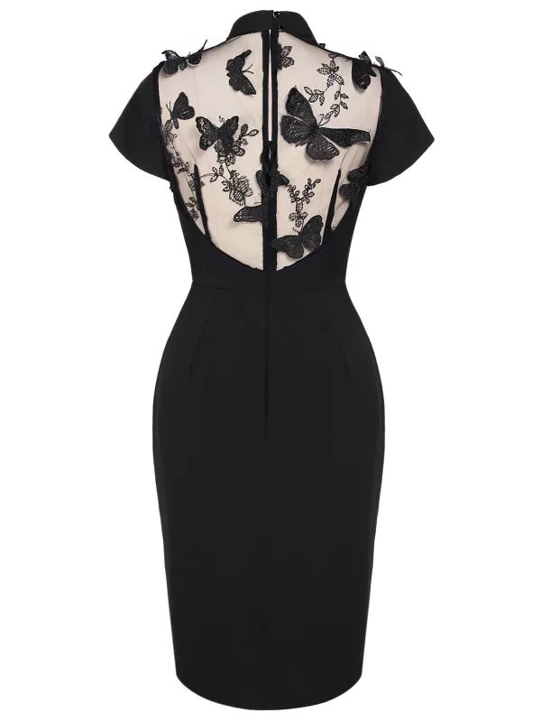 Black 1960s Butterfly Backless Pencil Dress sold by Retro Stage