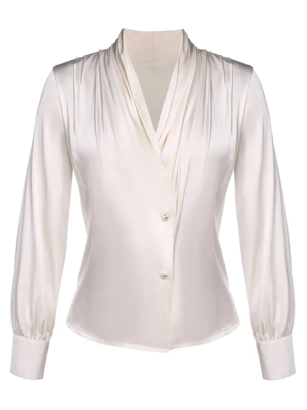 Ivory 1930s Solid Long Sleeve Blouse sold by Retro Stage