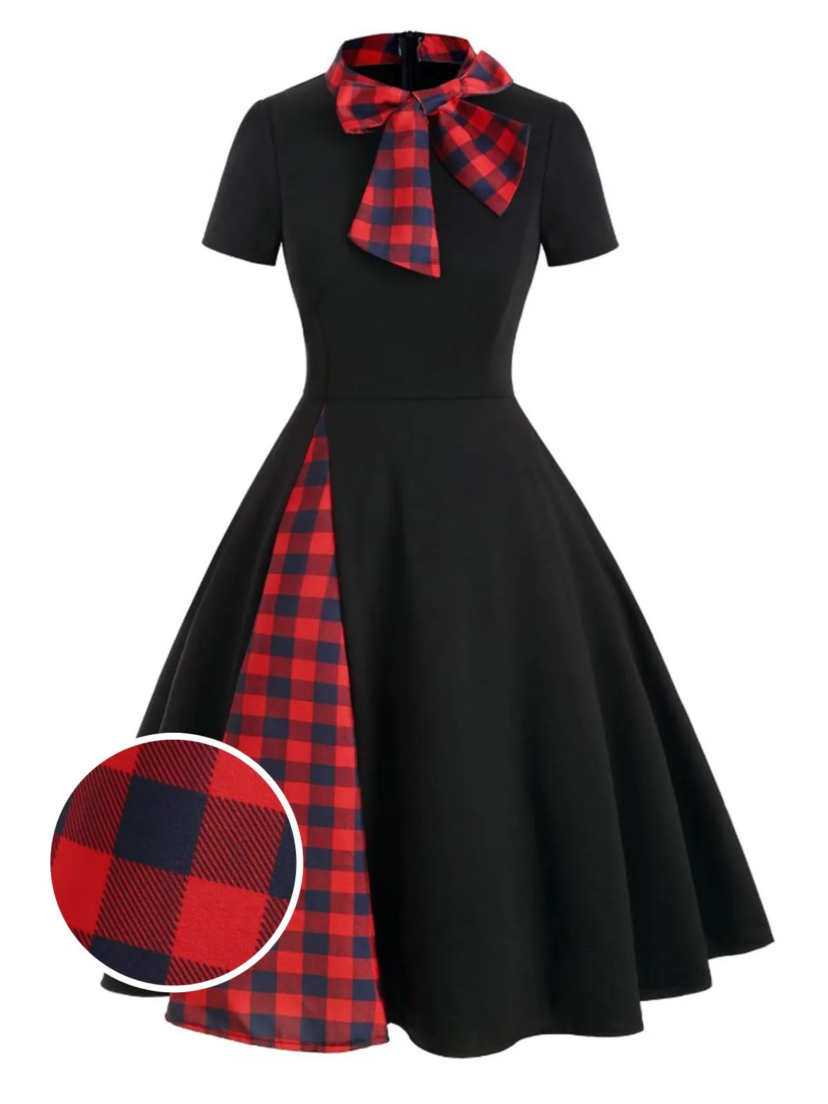 1950s Plaid Patchwork Bow Swing Dress sold by Retro Stage