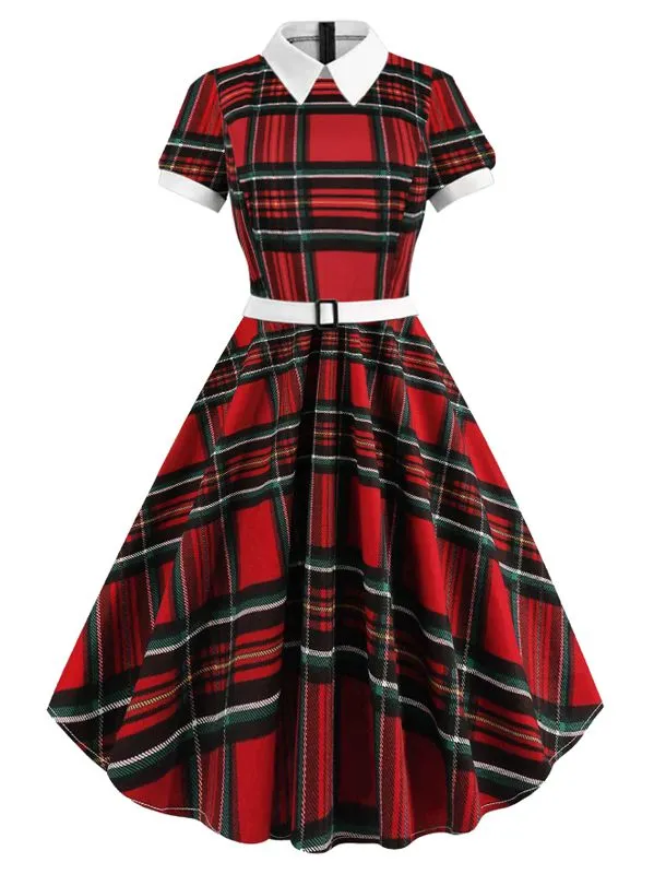 Red 1950s Plaid Convertible Collar Dress sold by Retro Stage