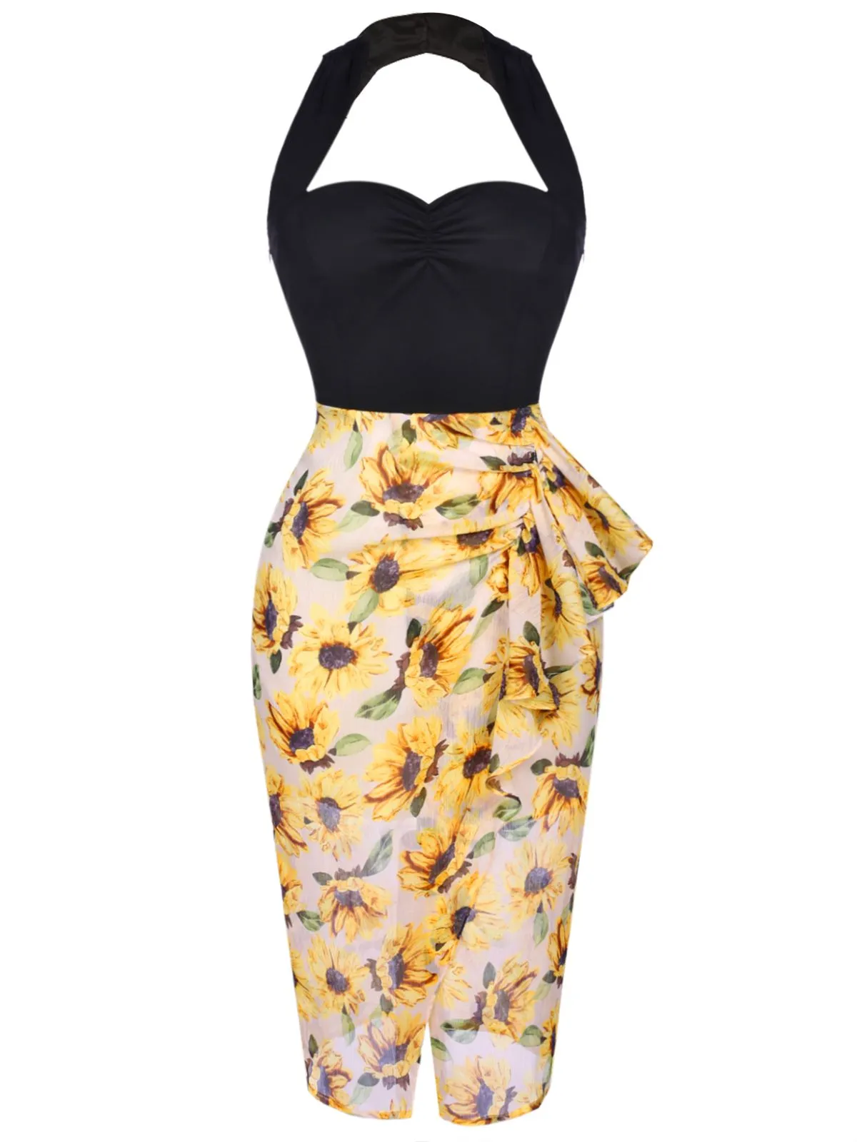 Black 1960s Halter Sunflower Pencil Dress sold by Retro Stage product image thumbnail 2