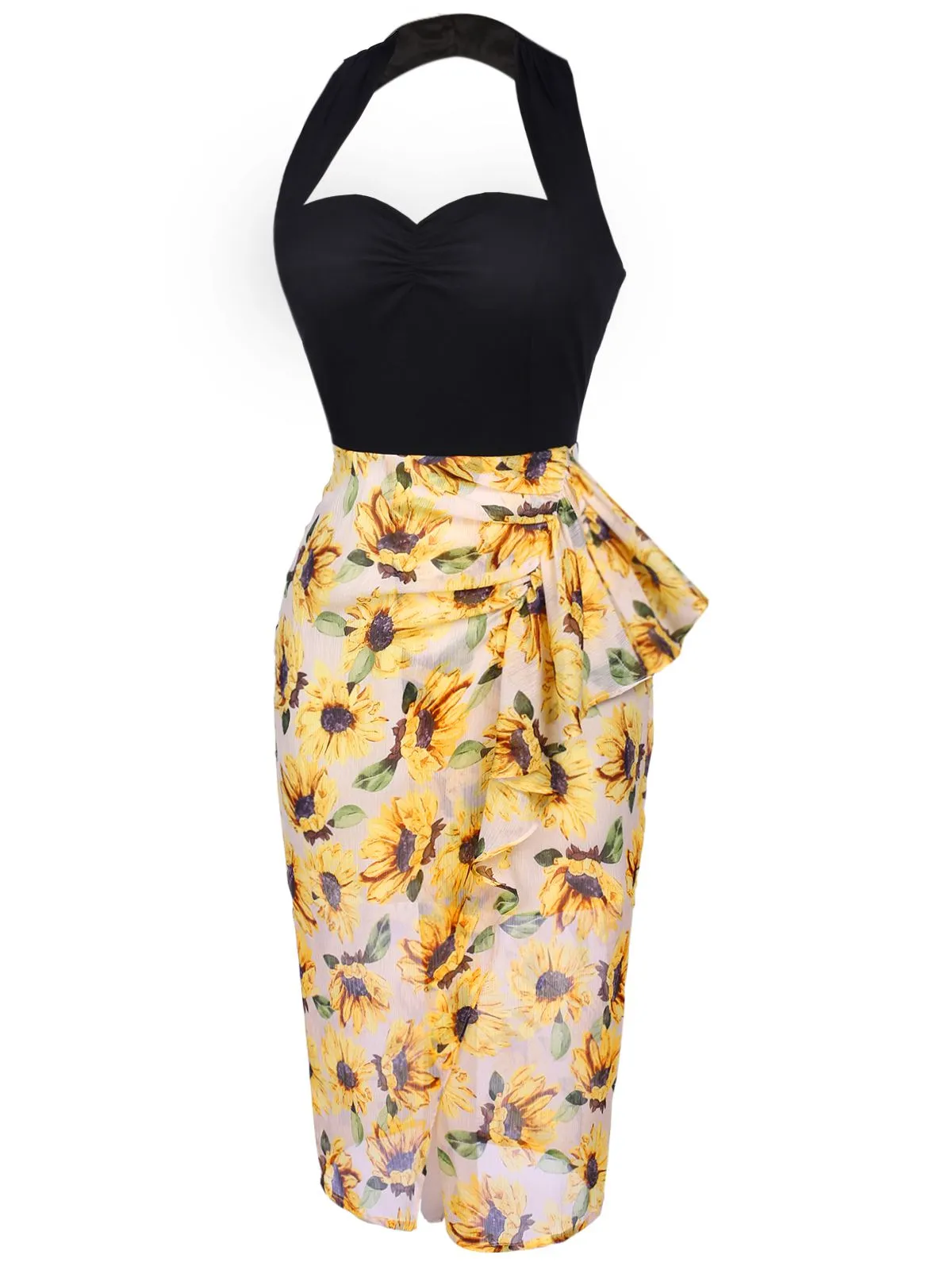 Black 1960s Halter Sunflower Pencil Dress sold by Retro Stage product image thumbnail 3