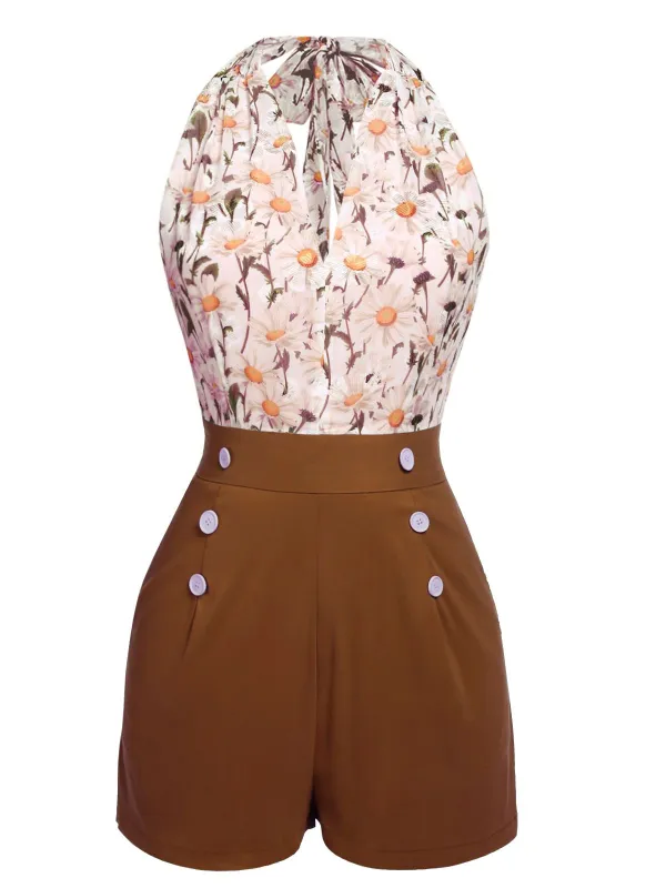 1950s Floral Halter Button Lace-up Romper sold by Retro Stage