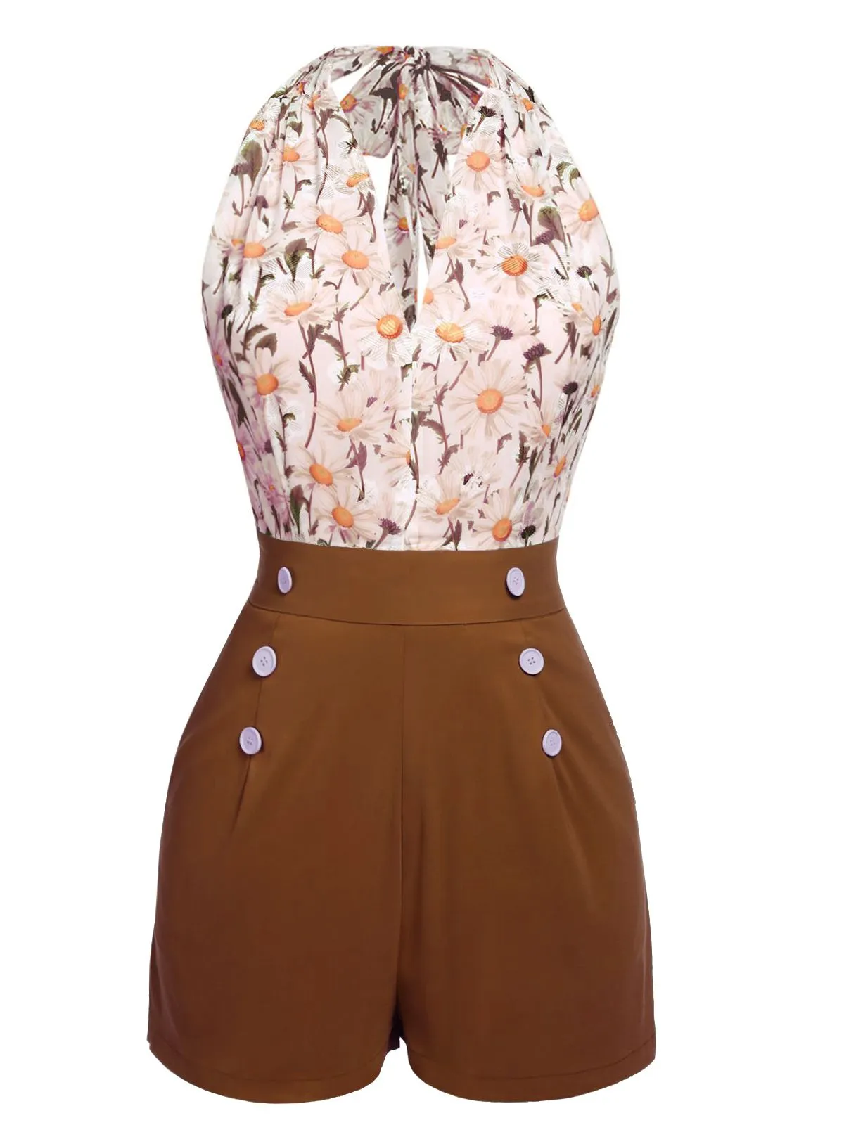 1950s Floral Halter Button Lace-up Romper sold by Retro Stage