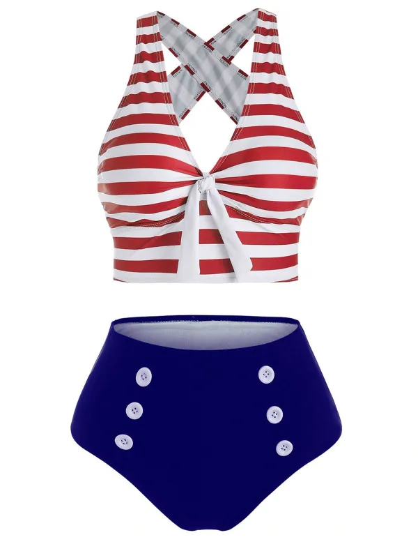 1950s Retro Strap Stripes Criss Cross Bikini sold by Retro Stage