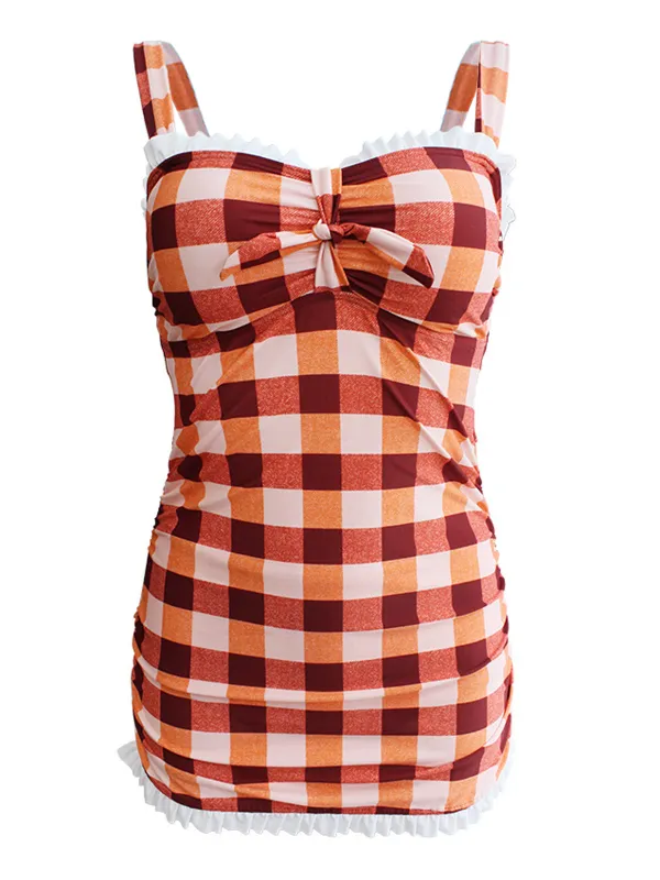1950s Plaid Bow Strap Ruffled Tankini sold by Retro Stage