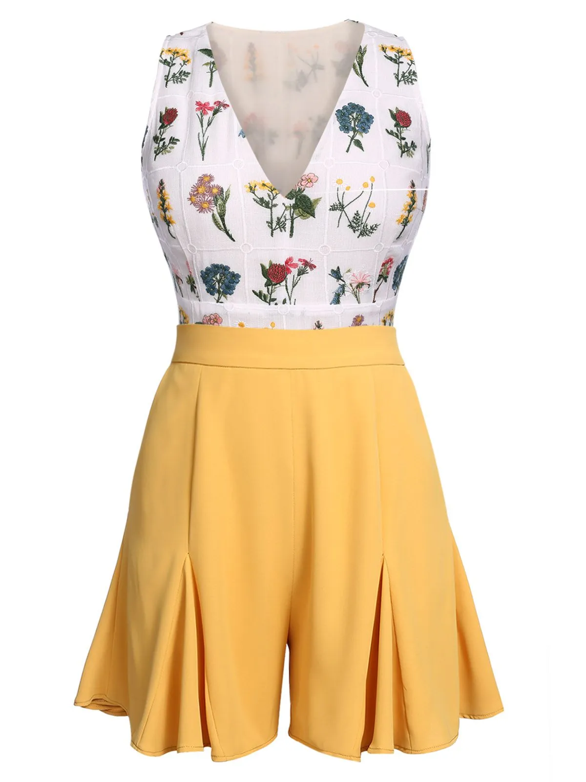 2PCS Yellow 1950s Embroidery Top & Pockets Shorts sold by Retro Stage product image thumbnail 2
