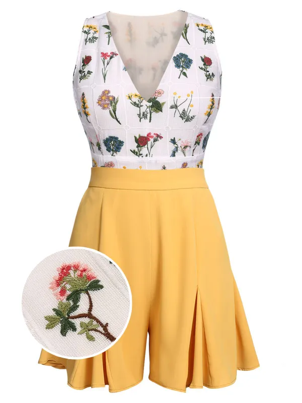 2PCS Yellow 1950s Embroidery Top & Pockets Shorts sold by Retro Stage
