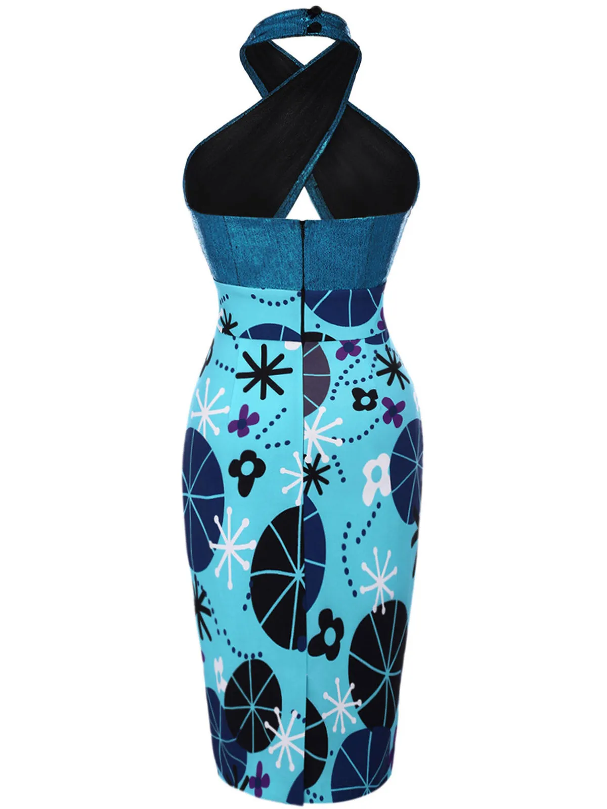 Blue 1960s Halter Abstract Floral Bodycon Dress sold by Retro Stage product image thumbnail 3