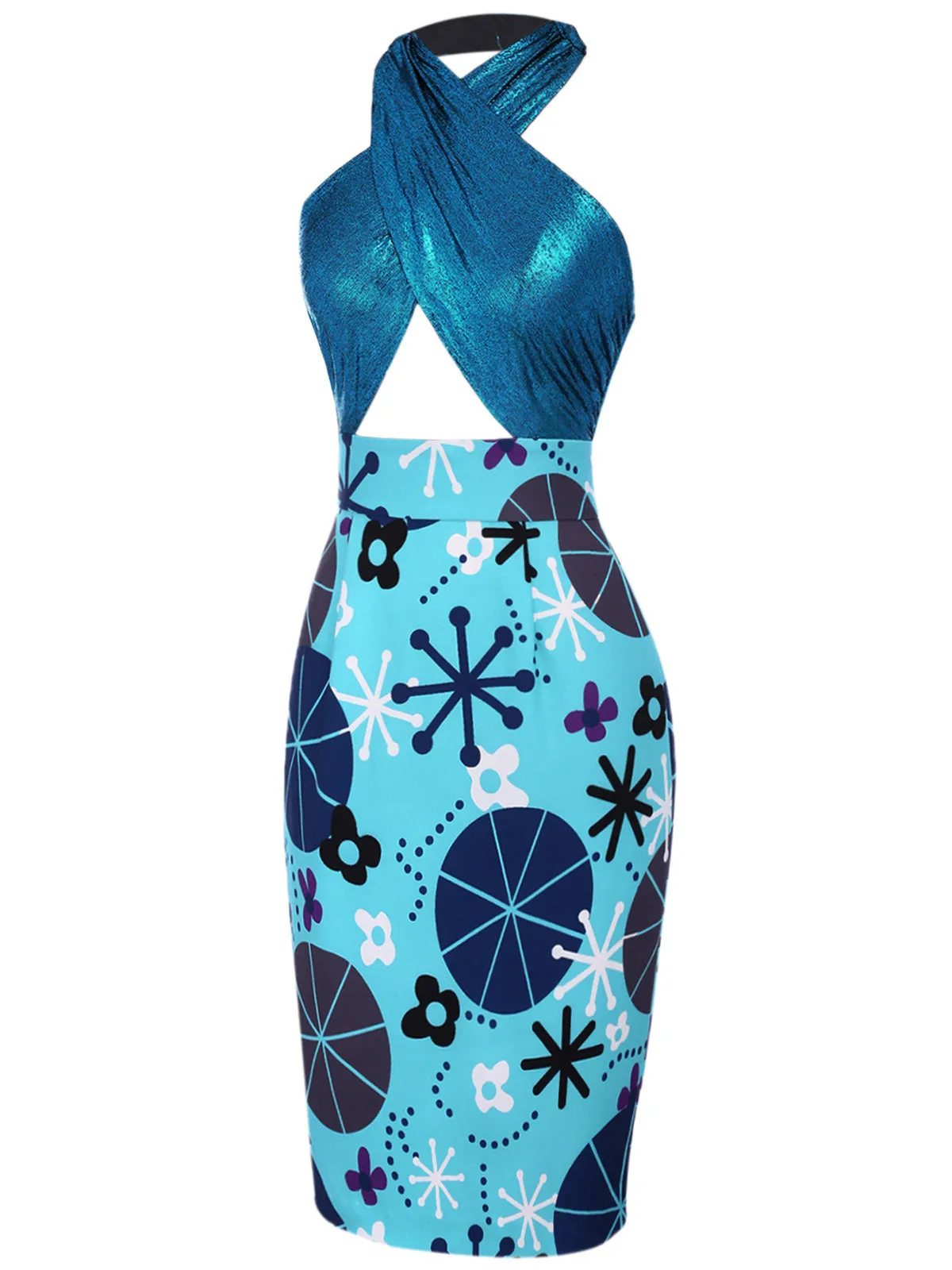Blue 1960s Halter Abstract Floral Bodycon Dress sold by Retro Stage product image thumbnail 2
