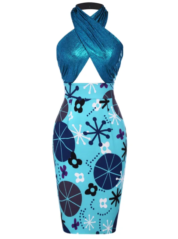 Blue 1960s Halter Abstract Floral Bodycon Dress sold by Retro Stage