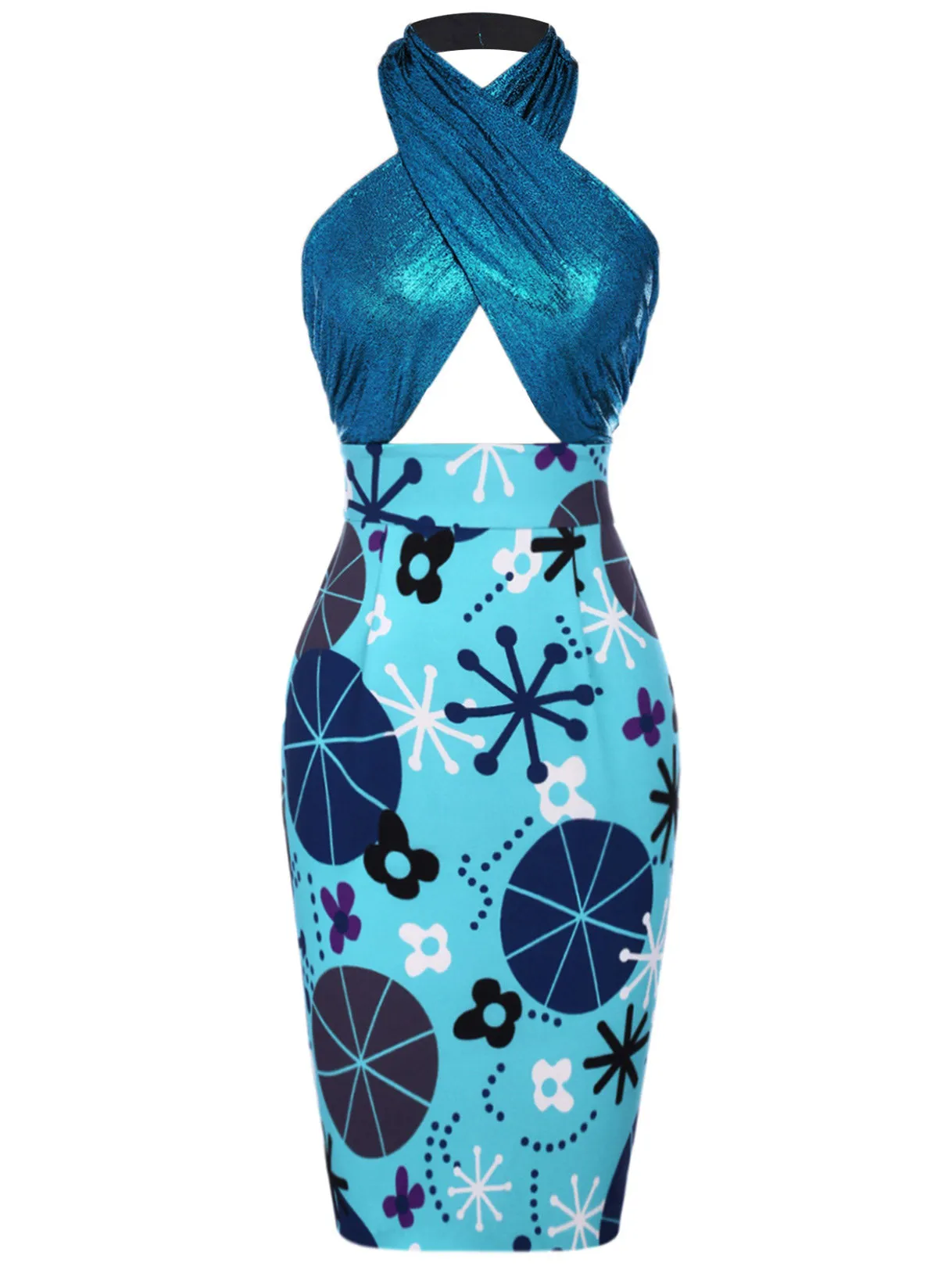 Blue 1960s Halter Abstract Floral Bodycon Dress sold by Retro Stage