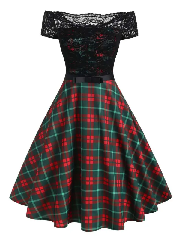 Plaids 1950s Lace Patchwork Swing Dress sold by Retro Stage