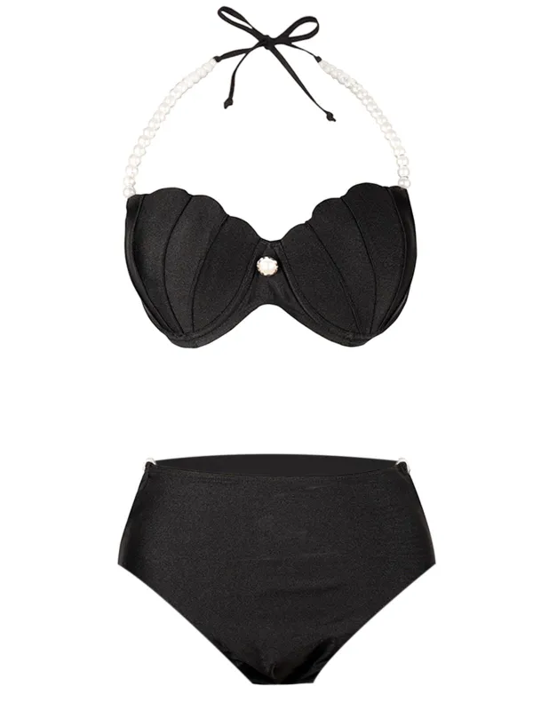 Black 1960s Shell Pearl Halter Bikini Set sold by Retro Stage