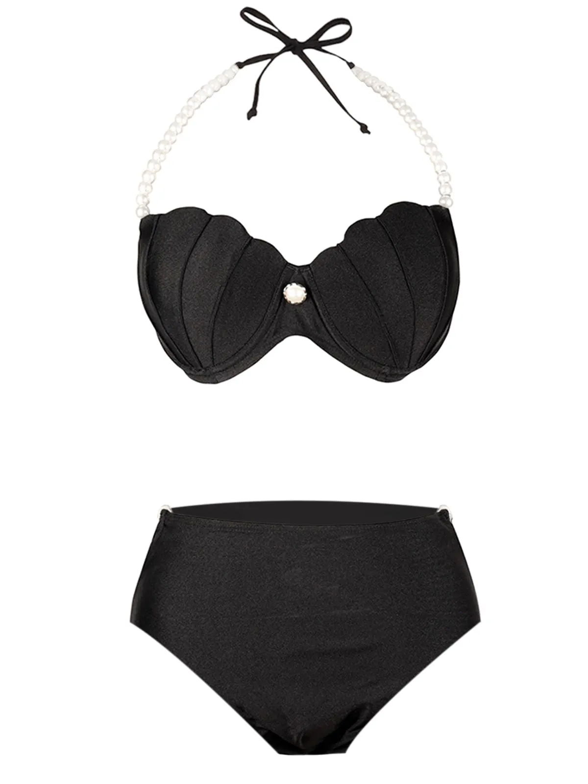 Black 1960s Shell Pearl Halter Bikini Set sold by Retro Stage