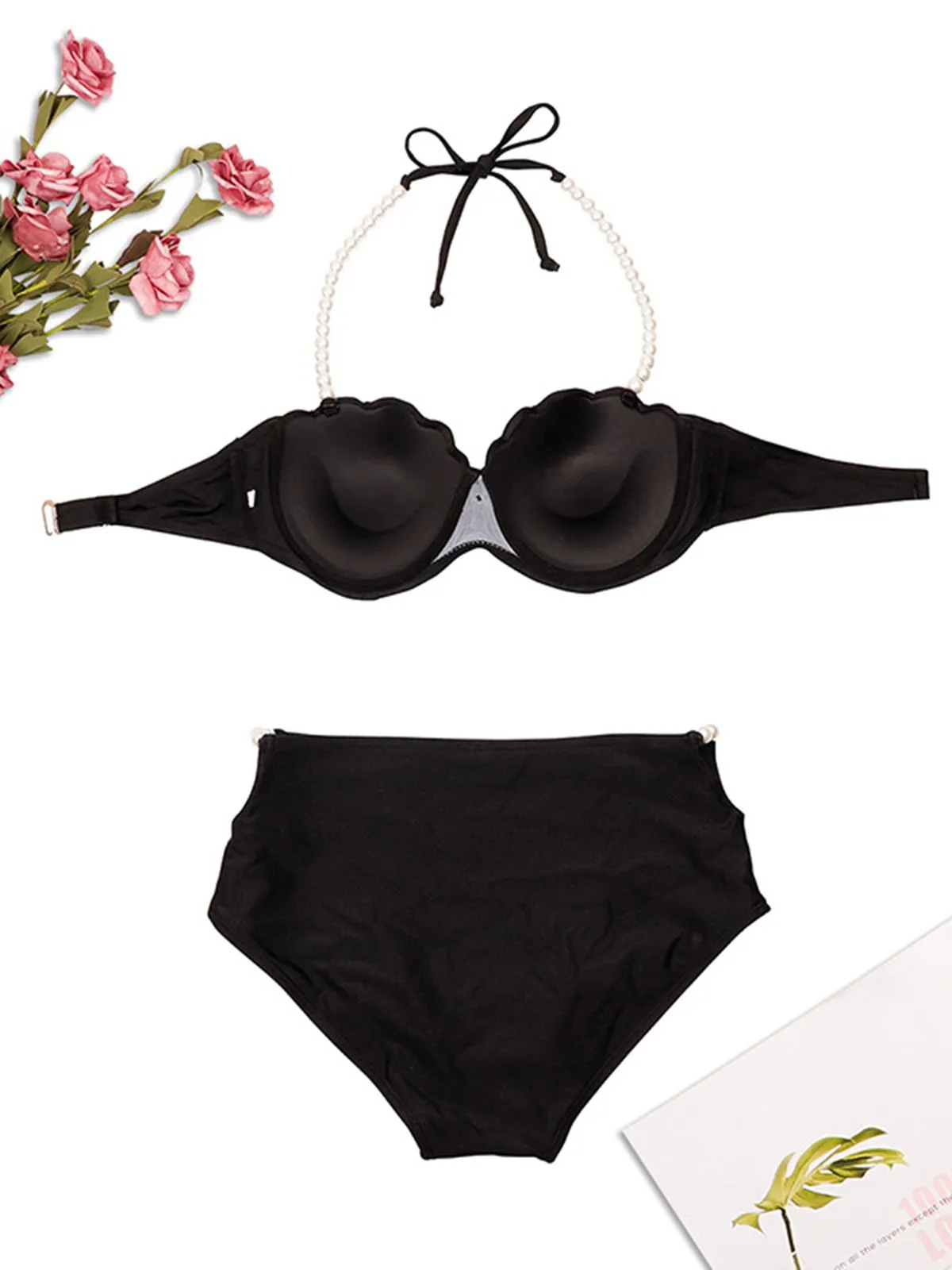 Black 1960s Shell Pearl Halter Bikini Set sold by Retro Stage product image thumbnail 2