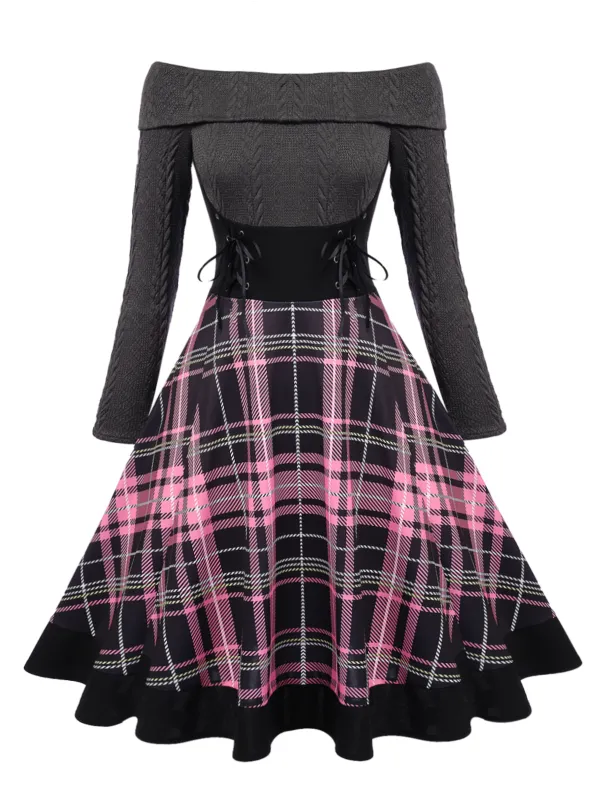 Plaids 1950s Off Shoulder Knitted Dress sold by Retro Stage