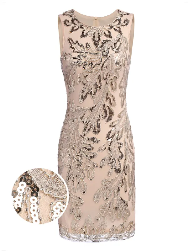 [US Warehouse] Pink 1920s Sequined Foral Sleeveless Dress sold by Retro Stage