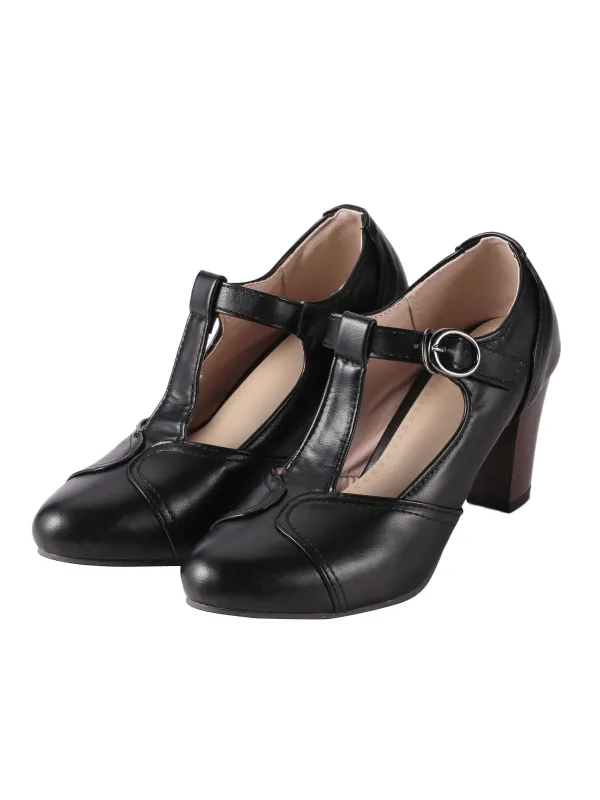 Retro Black T-Strap Chunky Heels Shoes sold by Retro Stage