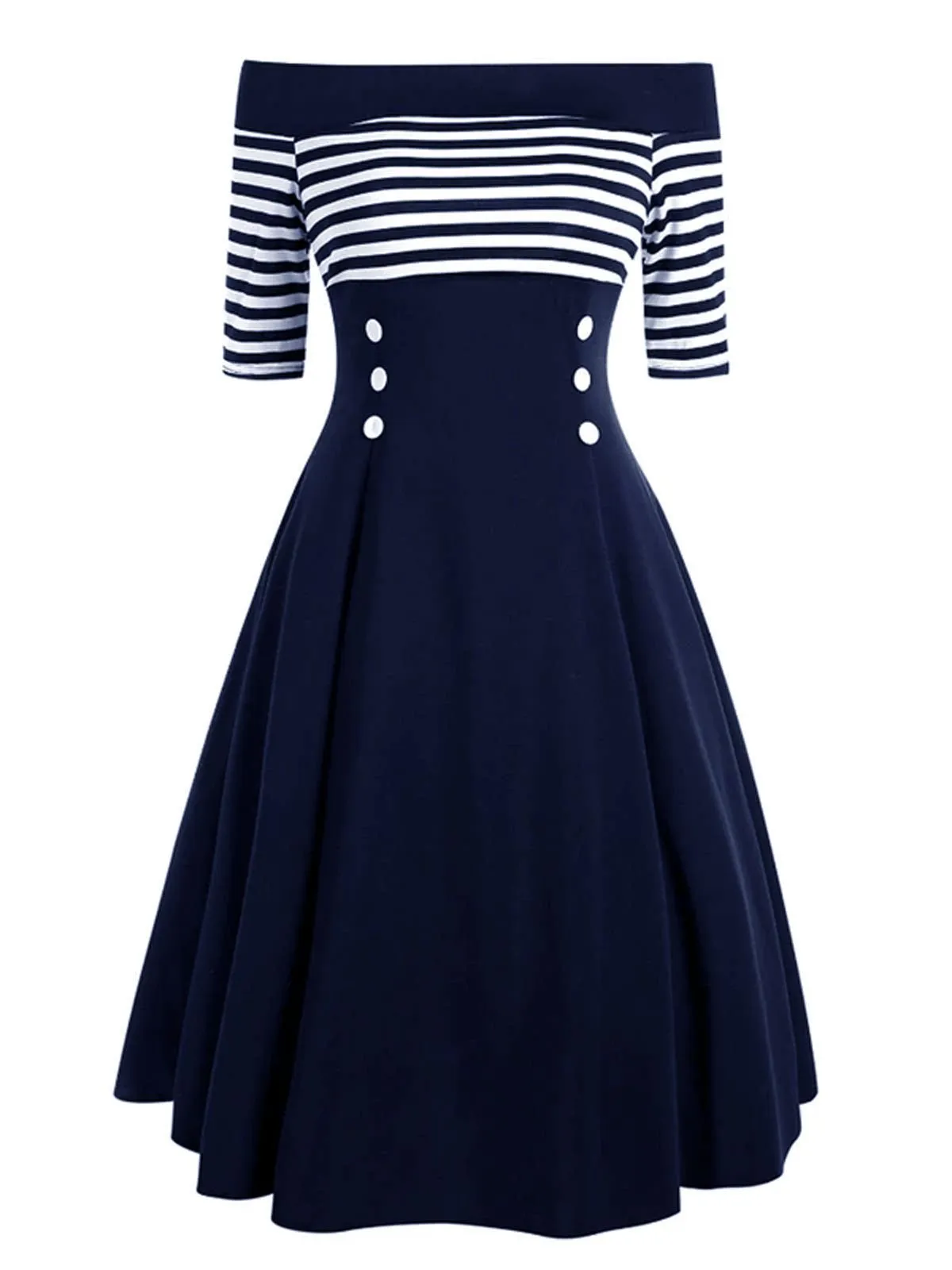 Navy 1950s Off Shoulder Swing Dress sold by Retro Stage