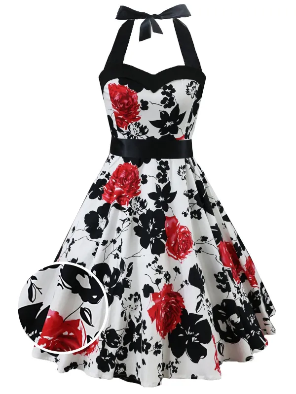 White 1950s Floral Halter Swing Dress sold by Retro Stage