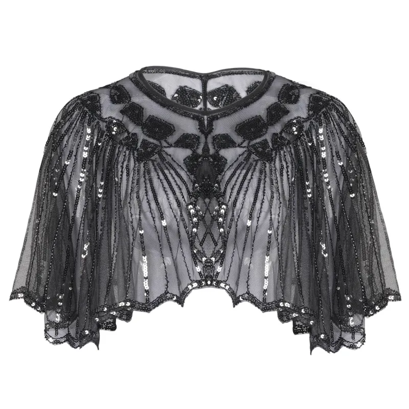 [US Warehouse] Gray 1920s Shawl Beaded Sequin Flapper Cape sold by Retro Stage