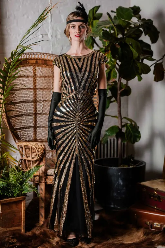 [US Warehouse] Gold 1920s Sequin Art Deco Maxi Dress sold by Retro Stage