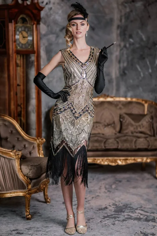 [US Warehouse] Champagne 1920s Sequined Flapper Dress sold by Retro Stage