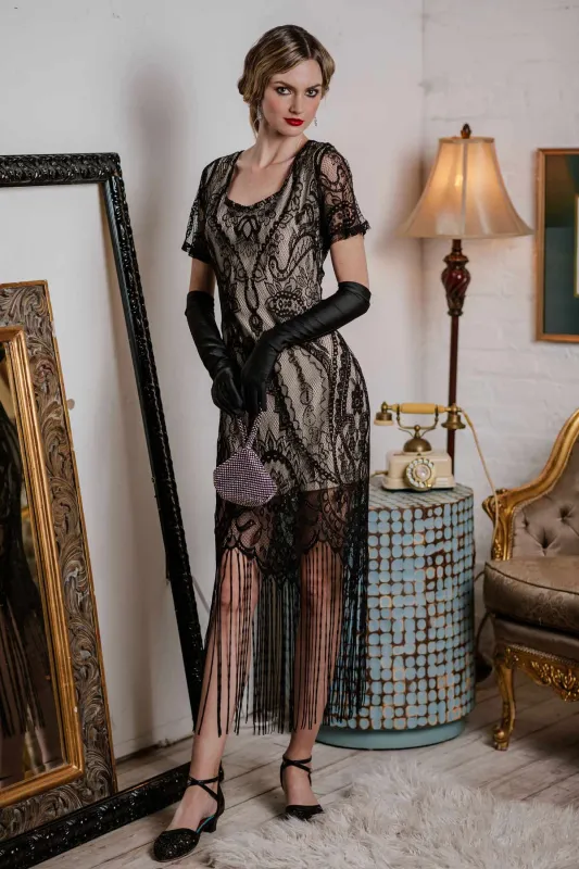 [US Warehouse] Black 1920s Fringe Lace Flapper Dress sold by Retro Stage