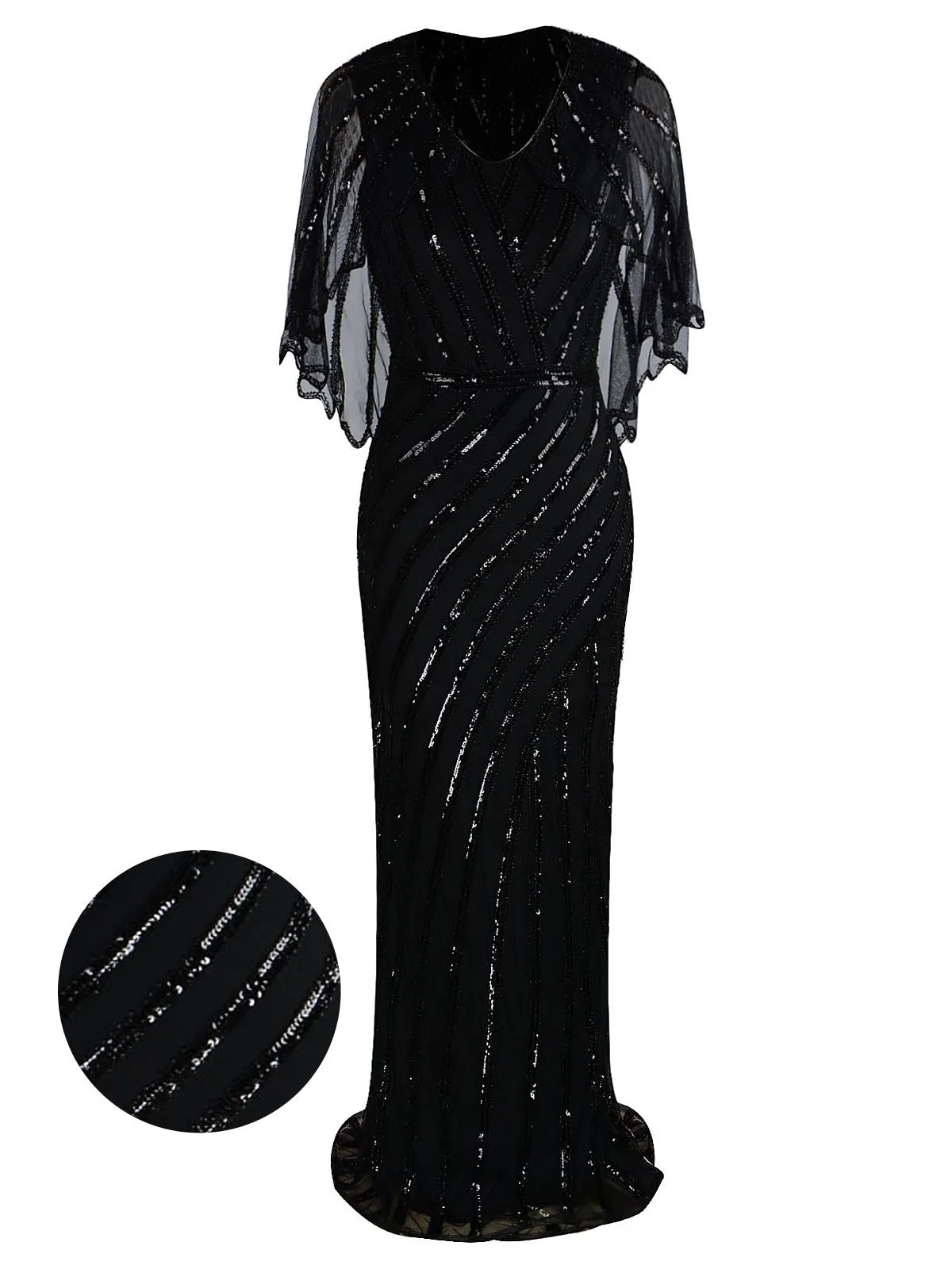 1920s Mesh Sequined Cape Maxi Dress sold by Retro Stage