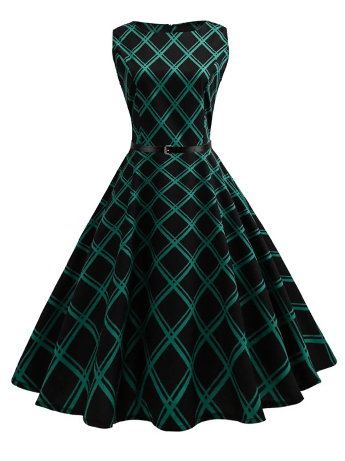 Green 1950s Plaid Belted Swing Dress sold by Retro Stage