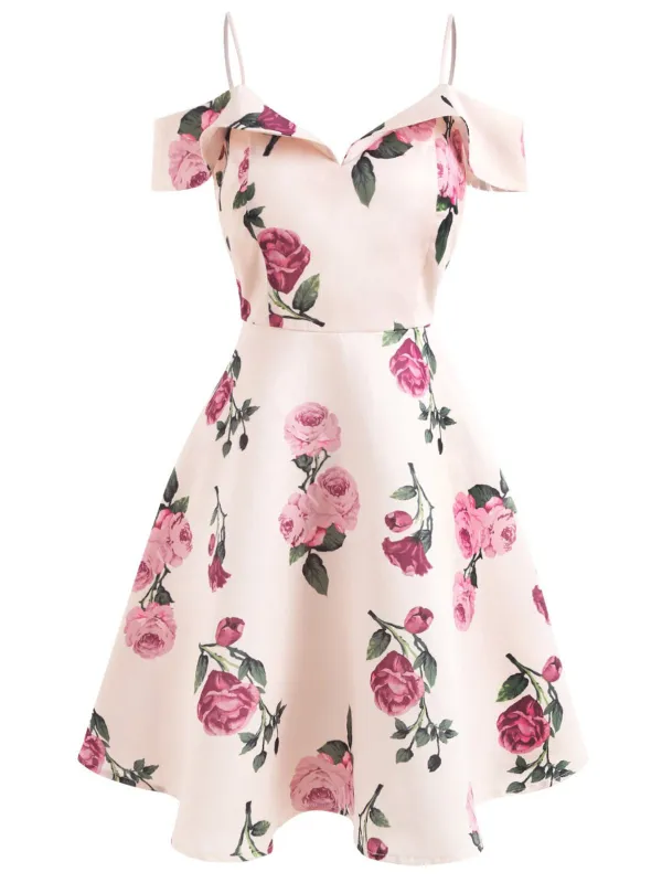 Pink 1950s Floral Spaghetti Strap Dress sold by Retro Stage