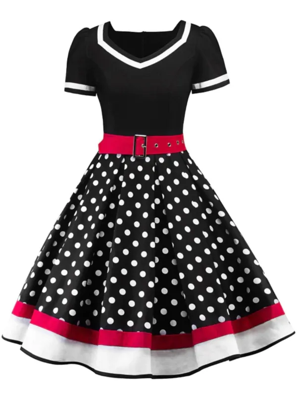 1950s Polka Dot Belted Patchwork Dress sold by Retro Stage