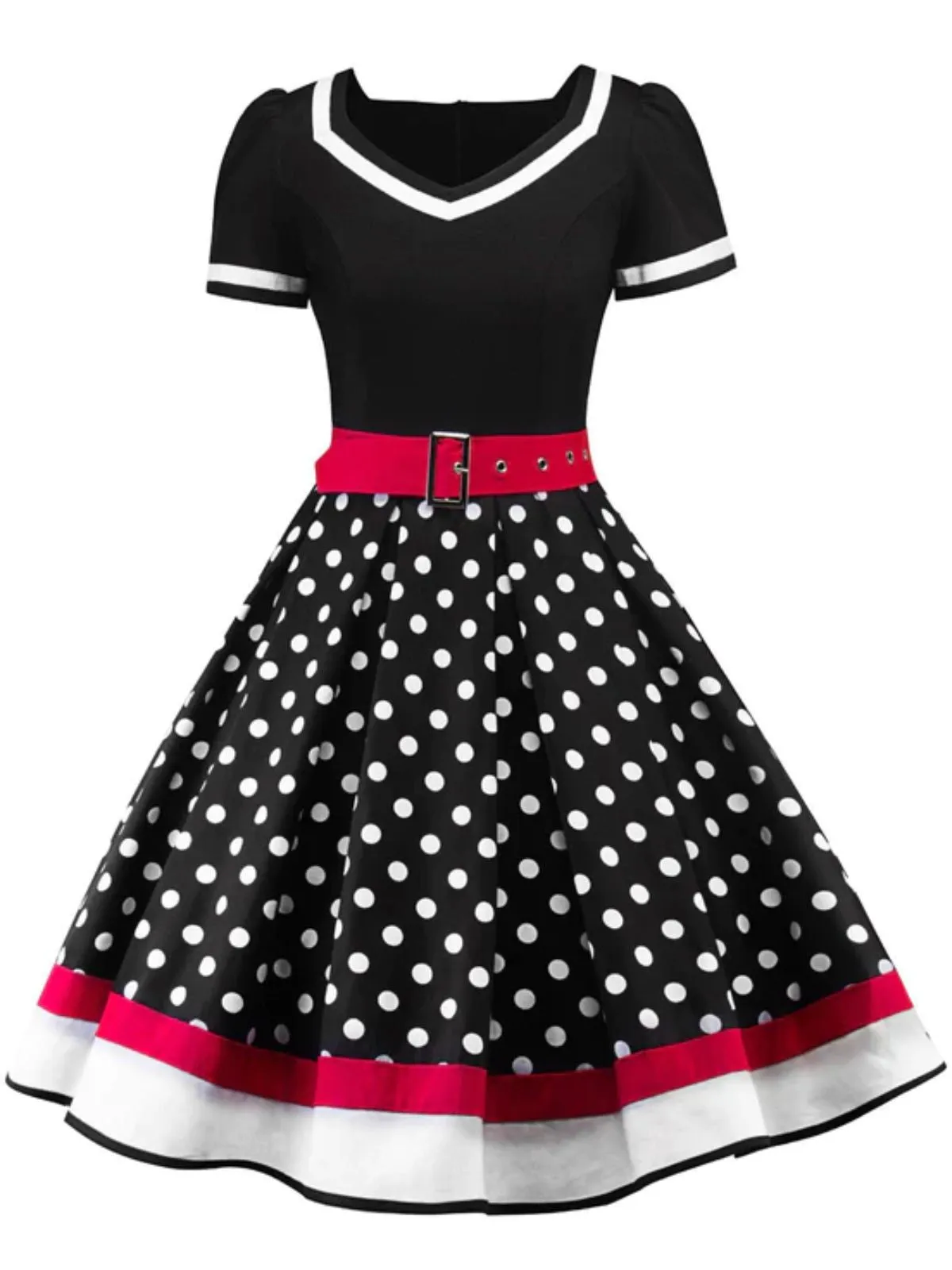 1950s Polka Dot Belted Patchwork Dress sold by Retro Stage
