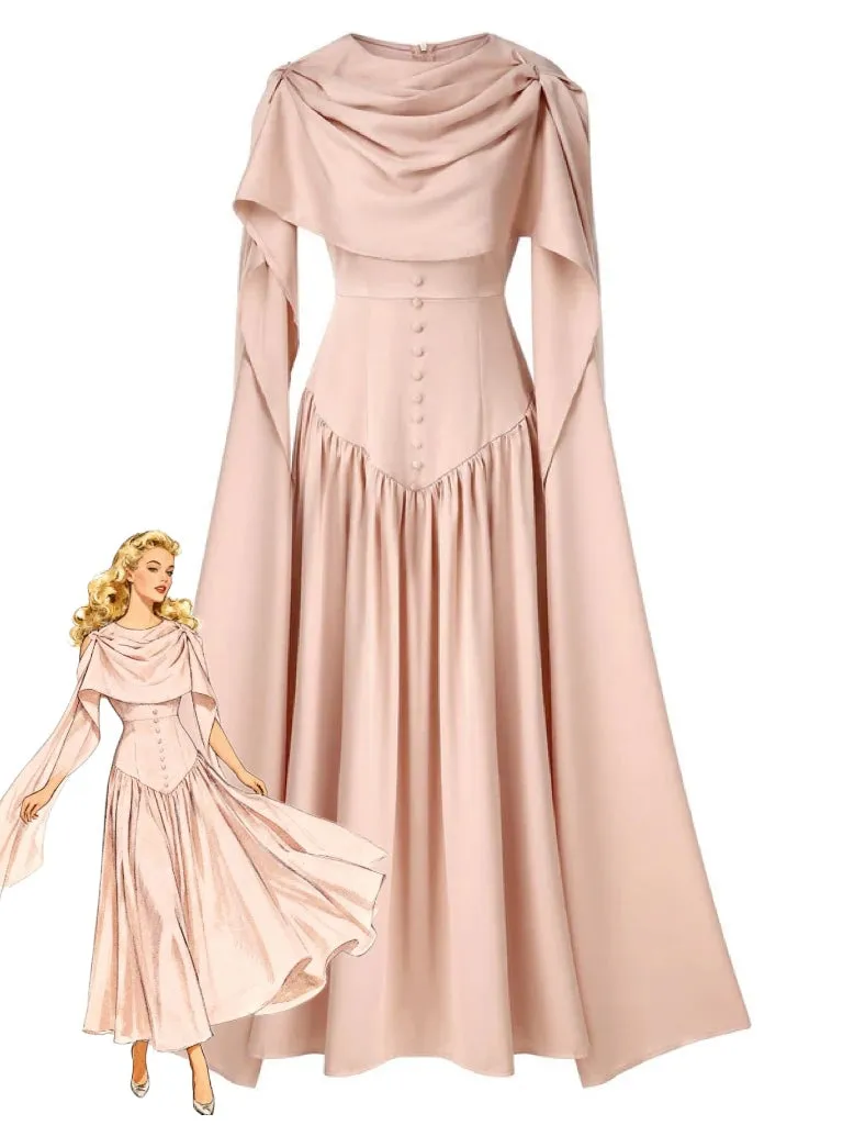 Beige 1950s Draped Renaissance Long Sleeve Maxi Dress sold by Retro Stage